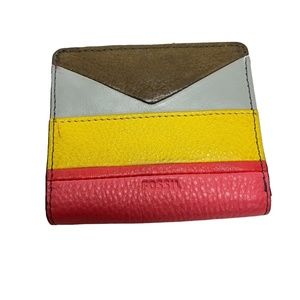 FOSSIL Genuine Leather Gray Pink Yellow Bi-Fold Wallet Coin Purse Cash Holder